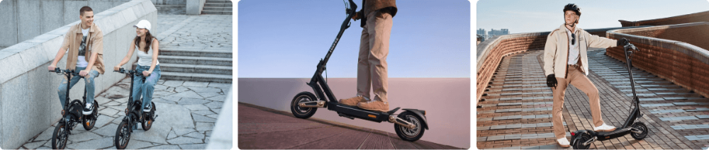 Paar fährt E-Bikes in der Stadt